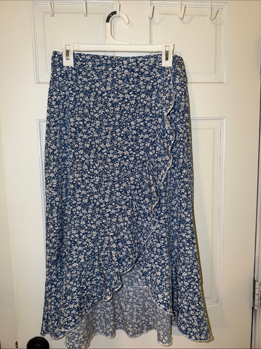 Blue Floral Ruffle Midi Skirt